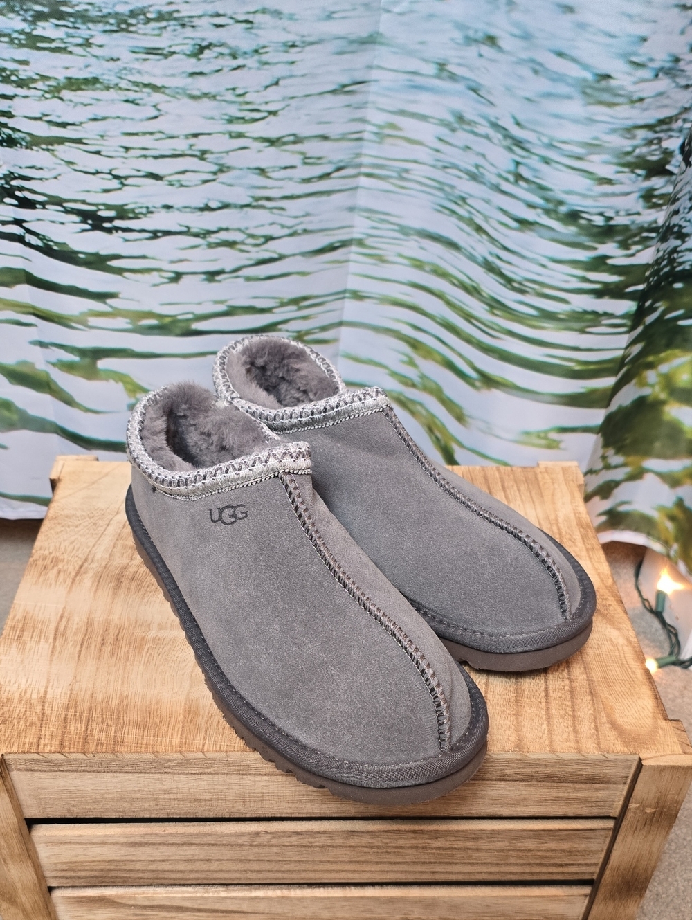 UGG Women's Gray Suede Shearling Clog Slippers